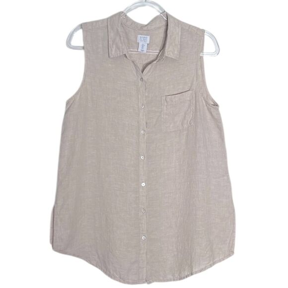 Sigrid Olsen Sleeveless Top 100% Linen in Tan Size Large Mother of Pearl Button - Picture 1 of 4